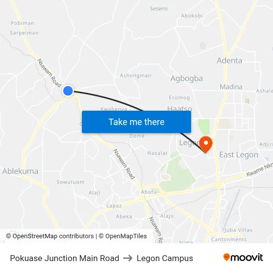 Pokuase Junction Main Road to Legon Campus map