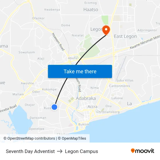 Seventh Day Adventist to Legon Campus map