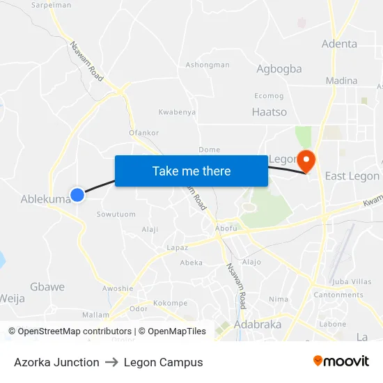 Azorka Junction to Legon Campus map