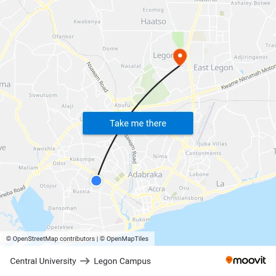Central University to Legon Campus map