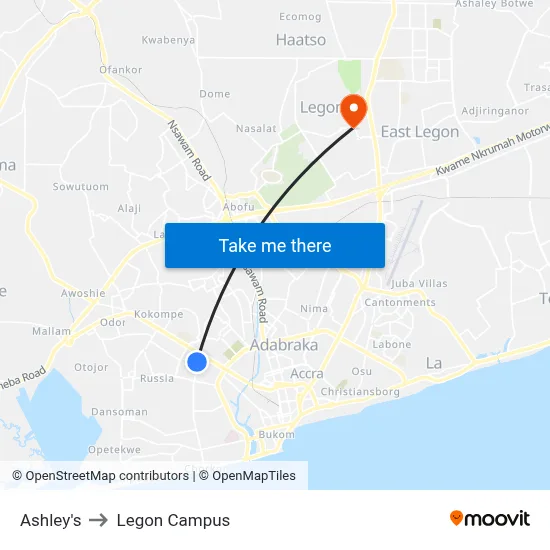 Ashley's to Legon Campus map