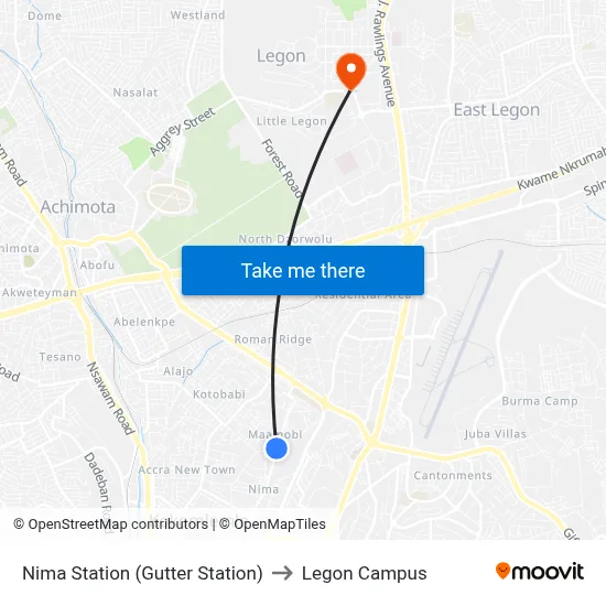 Nima Station (Gutter Station) to Legon Campus map