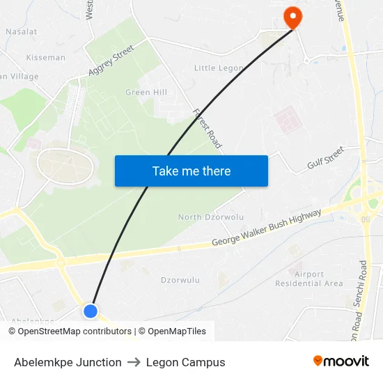Abelemkpe Junction to Legon Campus map