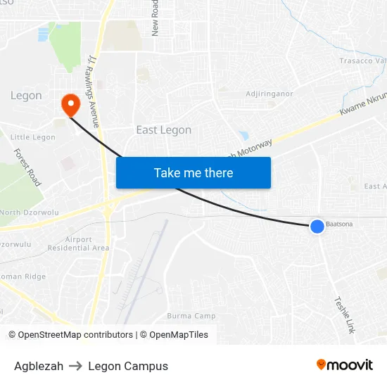 Agblezah to Legon Campus map