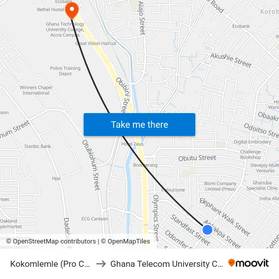 Kokomlemle (Pro Credit) to Ghana Telecom University College map