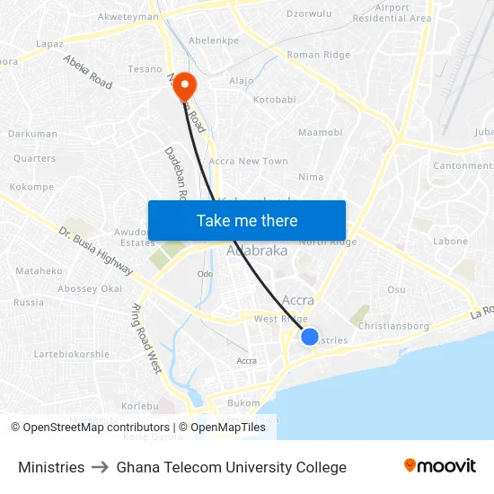 Ministries to Ghana Telecom University College map