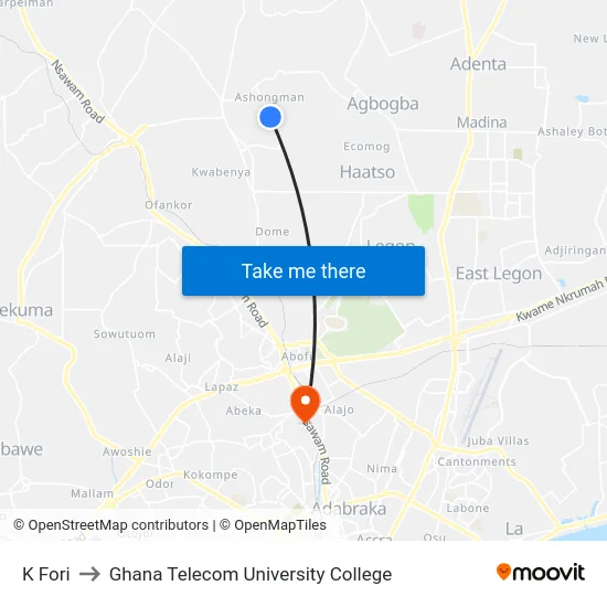 K Fori to Ghana Telecom University College map