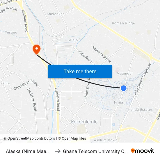 Alaska (Nima Maamobi) to Ghana Telecom University College map