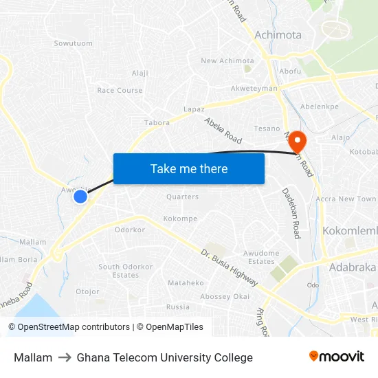 Mallam to Ghana Telecom University College map