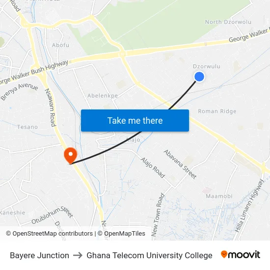 Bayere Junction to Ghana Telecom University College map