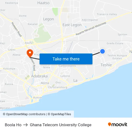 Boola Ho to Ghana Telecom University College map
