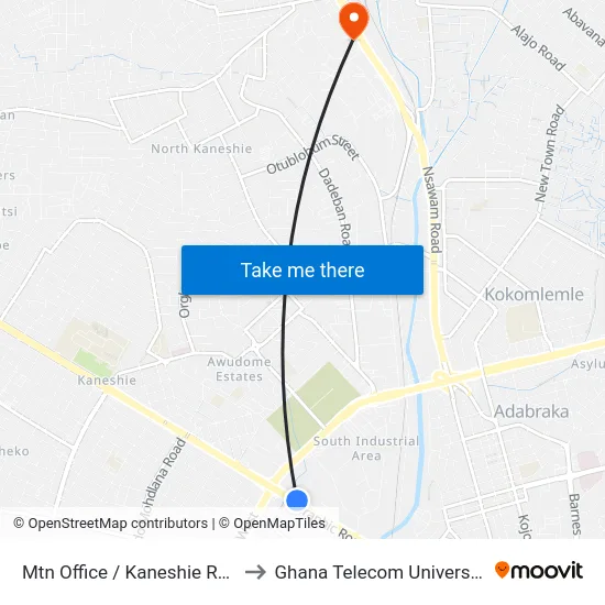 Mtn Office / Kaneshie Roundabout to Ghana Telecom University College map