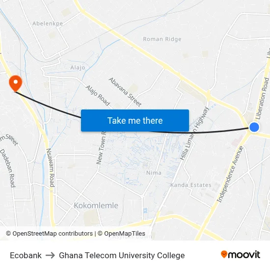 Ecobank to Ghana Telecom University College map