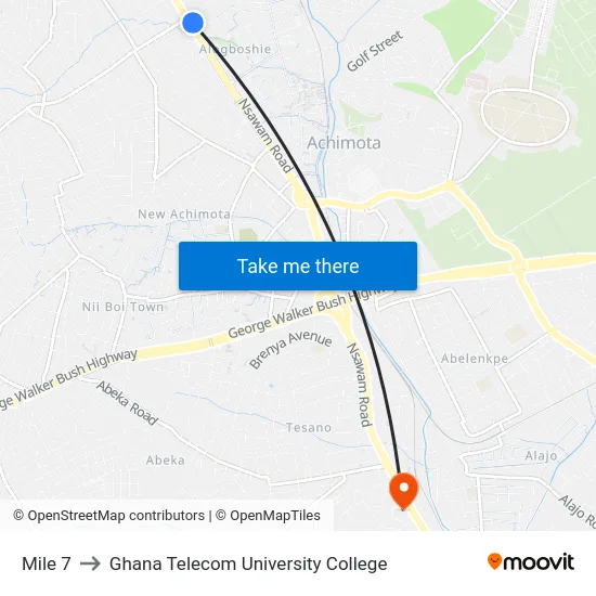 Mile 7 to Ghana Telecom University College map