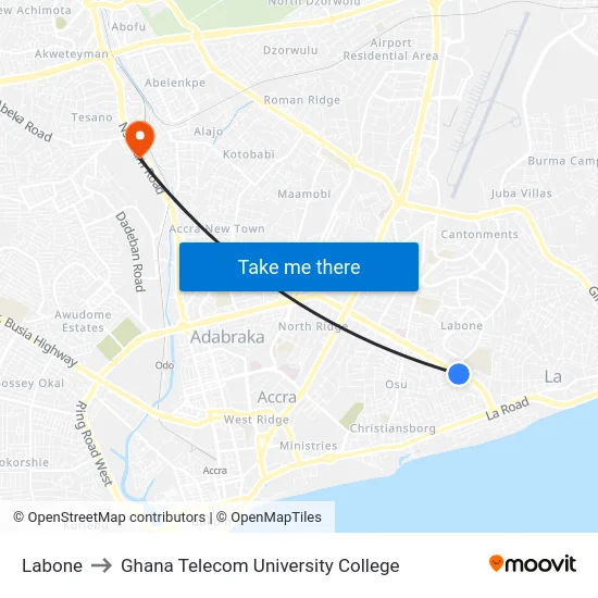 Labone to Ghana Telecom University College map