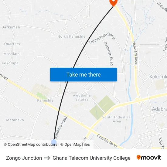 Zongo Junction to Ghana Telecom University College map