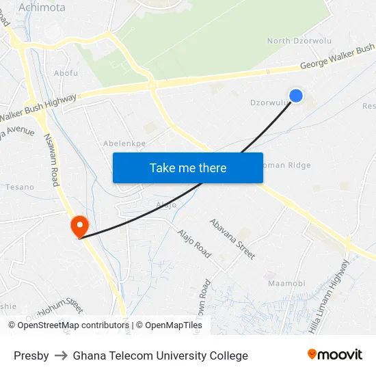 Presby to Ghana Telecom University College map