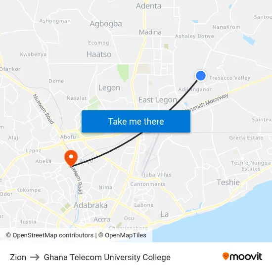 Zion to Ghana Telecom University College map