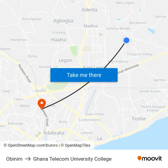 Obinim to Ghana Telecom University College map