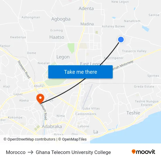 Morocco to Ghana Telecom University College map