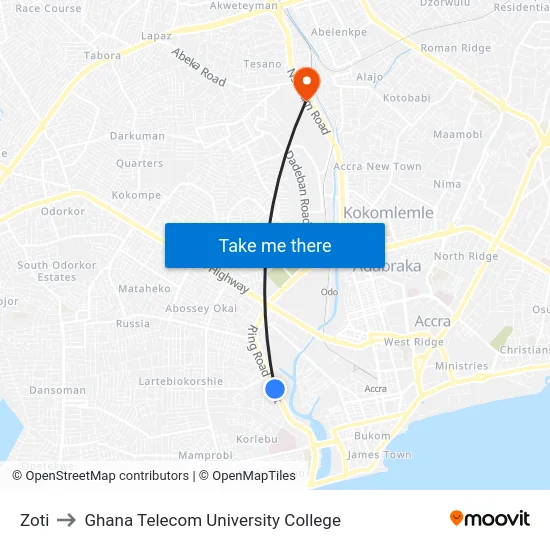 Zoti to Ghana Telecom University College map