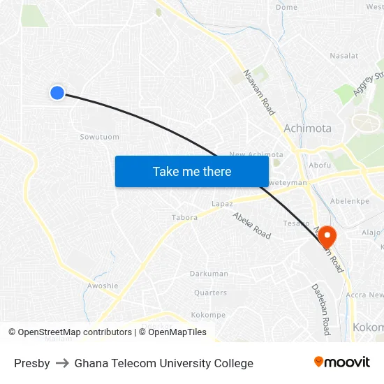 Presby to Ghana Telecom University College map