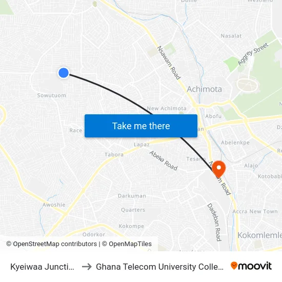 Kyeiwaa Junction to Ghana Telecom University College map