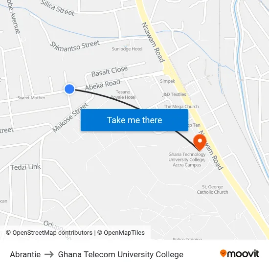 Abrantie to Ghana Telecom University College map