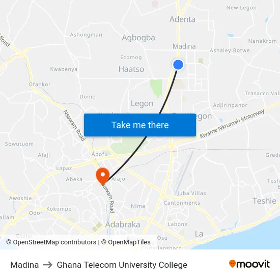Madina to Ghana Telecom University College map