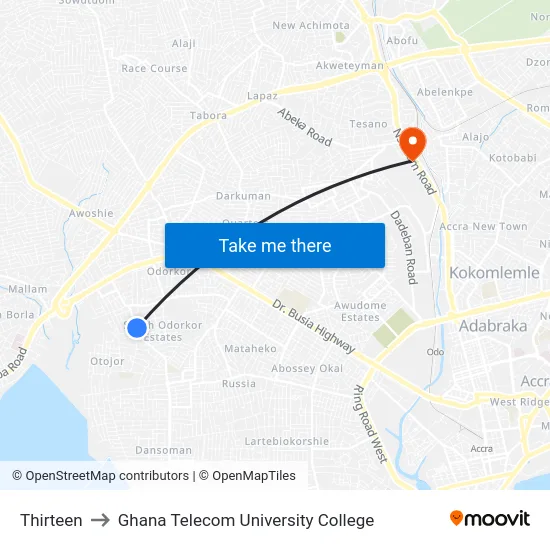 Thirteen to Ghana Telecom University College map
