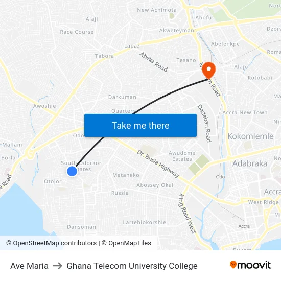 Ave Maria to Ghana Telecom University College map
