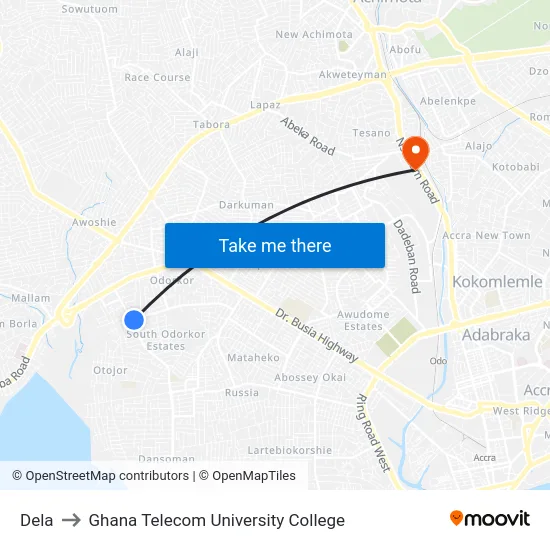 Dela to Ghana Telecom University College map