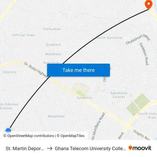 St. Martin Depores to Ghana Telecom University College map
