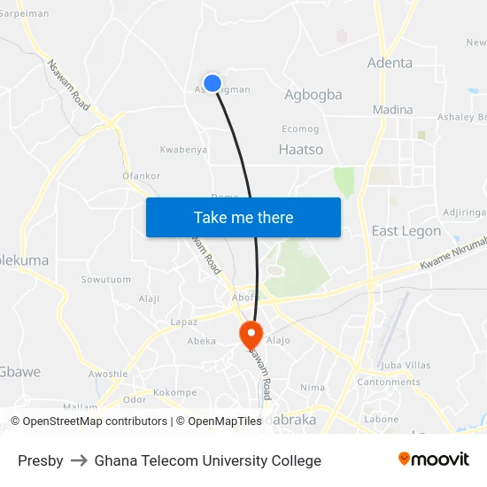 Presby to Ghana Telecom University College map