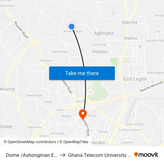 Dome /Ashongman Estates to Ghana Telecom University College map