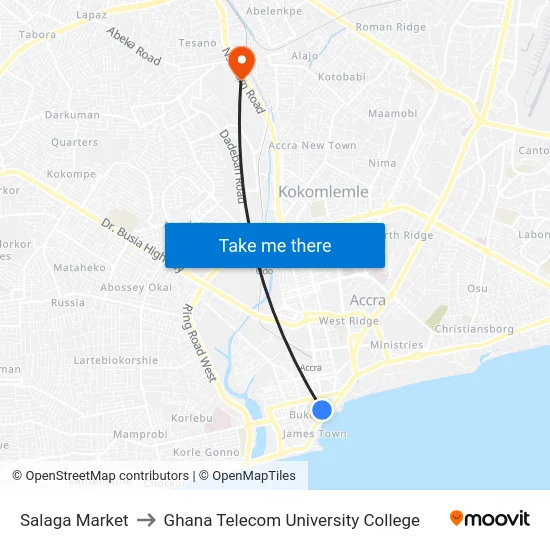 Salaga Market to Ghana Telecom University College map