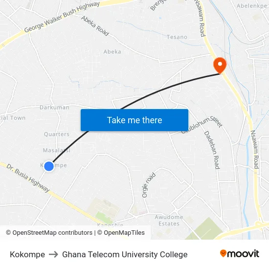 Kokompe to Ghana Telecom University College map
