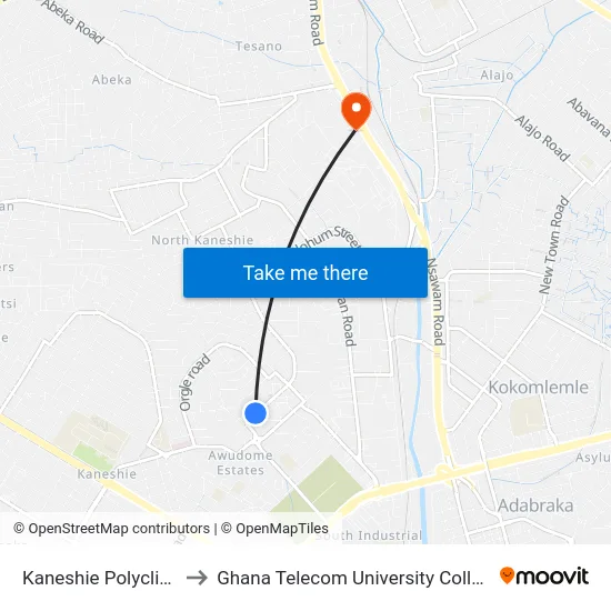Kaneshie Polyclinic to Ghana Telecom University College map