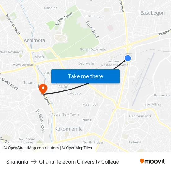 Shangrila to Ghana Telecom University College map