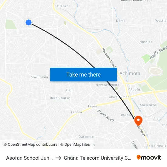 Asofan School Juntion to Ghana Telecom University College map