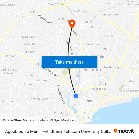 Agbobloshie Market to Ghana Telecom University College map