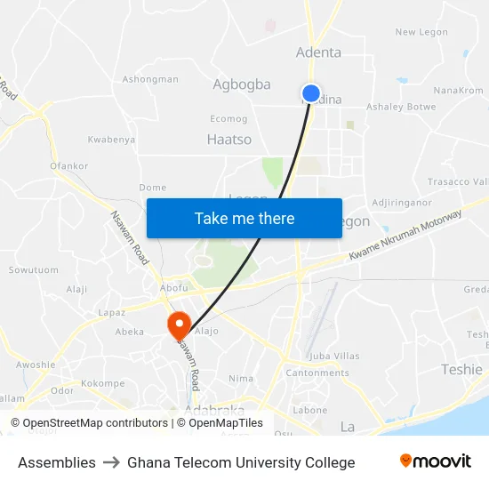 Assemblies to Ghana Telecom University College map