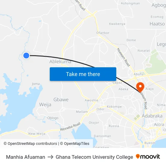 Manhia Afuaman to Ghana Telecom University College map