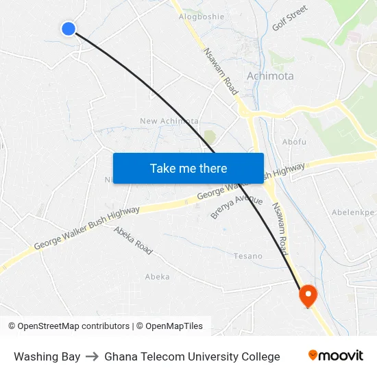 Washing Bay to Ghana Telecom University College map