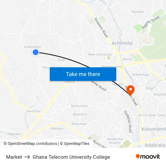 Market to Ghana Telecom University College map