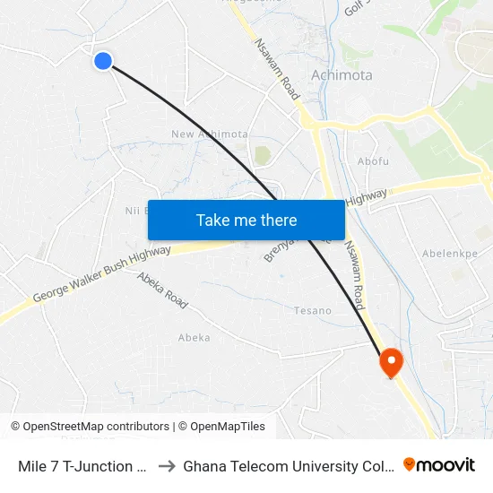 Mile 7 T-Junction Top to Ghana Telecom University College map