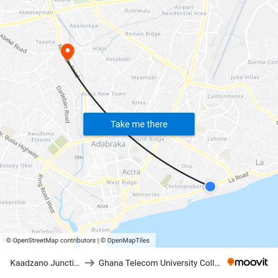 Kaadzano Junction to Ghana Telecom University College map
