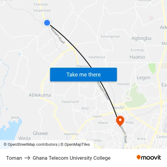 Toman to Ghana Telecom University College map