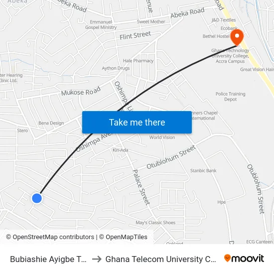 Bubiashie Ayigbe Town to Ghana Telecom University College map