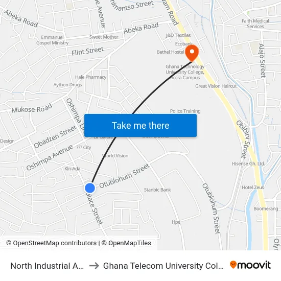 North Industrial Area to Ghana Telecom University College map